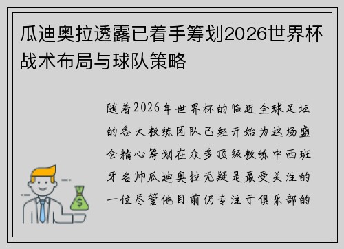 瓜迪奥拉透露已着手筹划2026世界杯战术布局与球队策略 瓜迪奥拉透露已着手筹划2026世界杯战术布局与球队策略