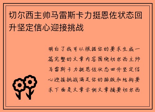 切尔西主帅马雷斯卡力挺恩佐状态回升坚定信心迎接挑战 切尔西主帅马雷斯卡力挺恩佐状态回升坚定信心迎接挑战